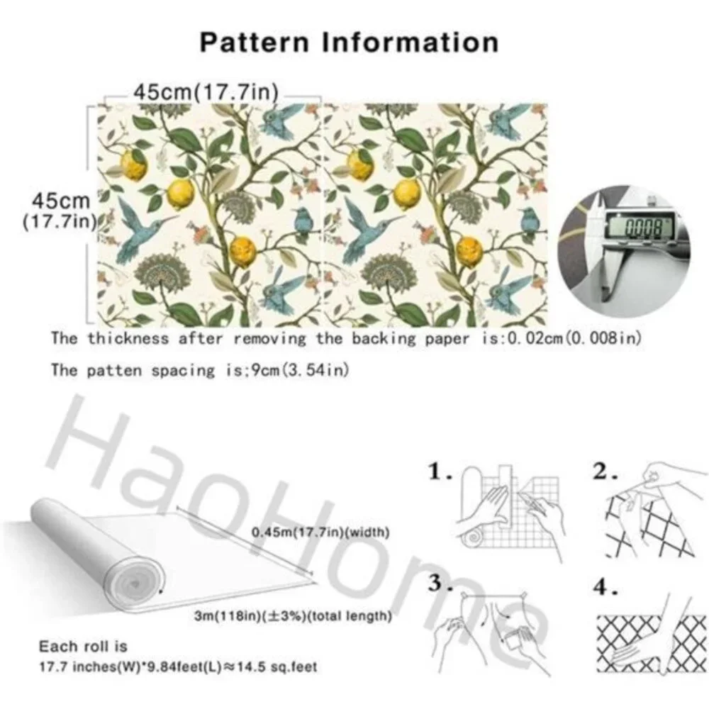 Meihodan Blue Bird Self Adhesive Wallpaper:17.7in x 9.8ft, Removable, Waterproof